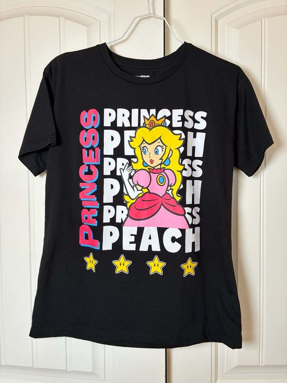 Super Mario Princess Peach Repeating Design Black Graphic T-Shirt XL 14/16